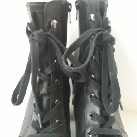 Chelsea & Violet Lexie Leather Lace-up Chunky Block Heel Combat Boot Black 8.5 - Picture 4 of 10